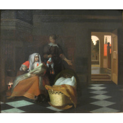 Woman with a child and a maid in an interior Woman with a child and a maid in an interior
