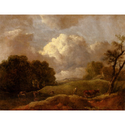 An extensive landscape with cattle and a drover