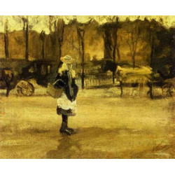 A girl in the street two coaches in the background 1882