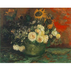 Bowl with sunflowers roses and other flowers