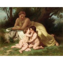 Young woman contemplating two embracing children 1861